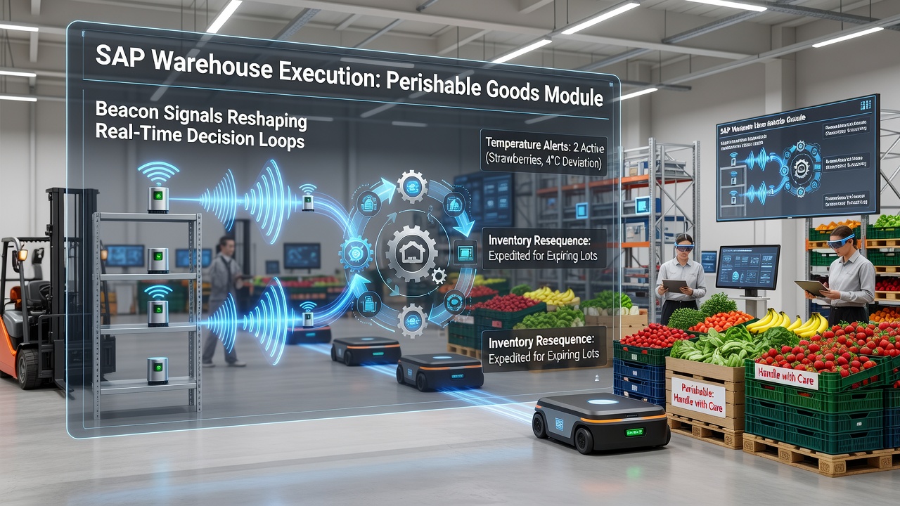 Technicians review real-time beacon dashboards connected to SAP modules handling temperature-sensitive shipments