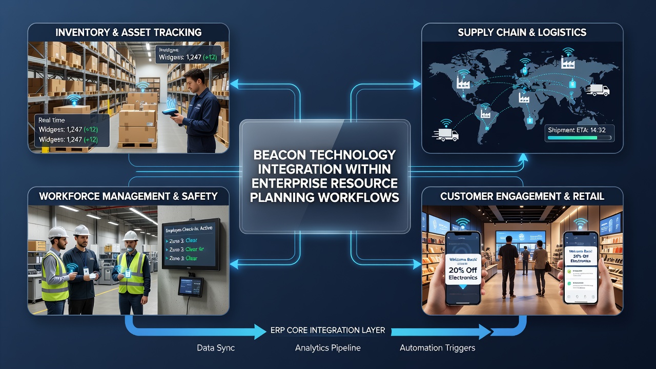 Flowchart illustrating data path from beacons through gateways into ERP analytics and reporting modules