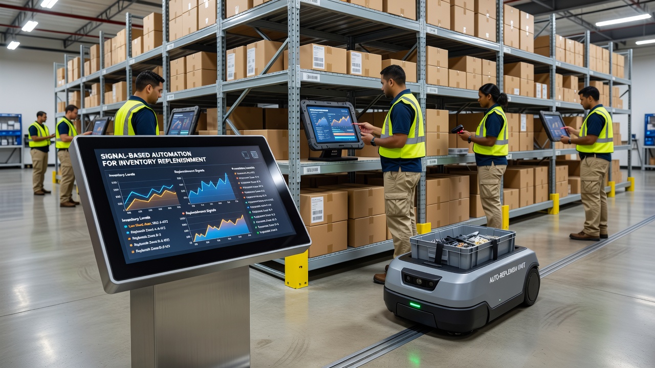 Close-up view of automated inventory sensors and signal gateways installed on warehouse shelving units