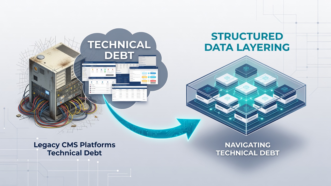 Diagram illustrating structured data layering over legacy CMS architecture with mapping and abstraction layers
